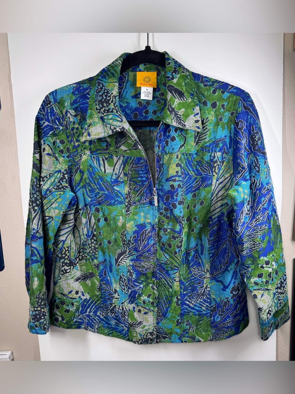 Ruby Rd. Abstract Botanical Print Zip Front Lightweight Jacket Size 6 Blue Green